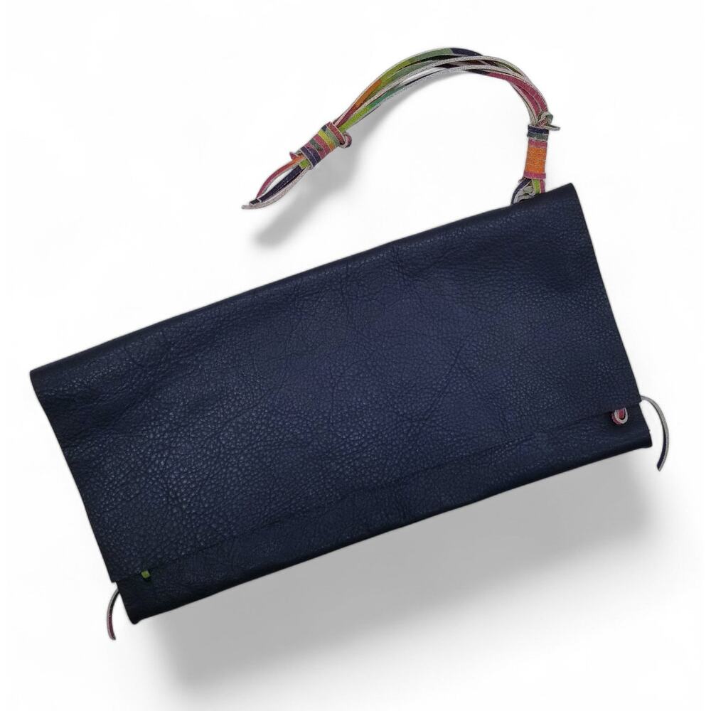 Custom Made Pebble Grain Leather Black Clutch w/ Multicolor Leather Wristlet